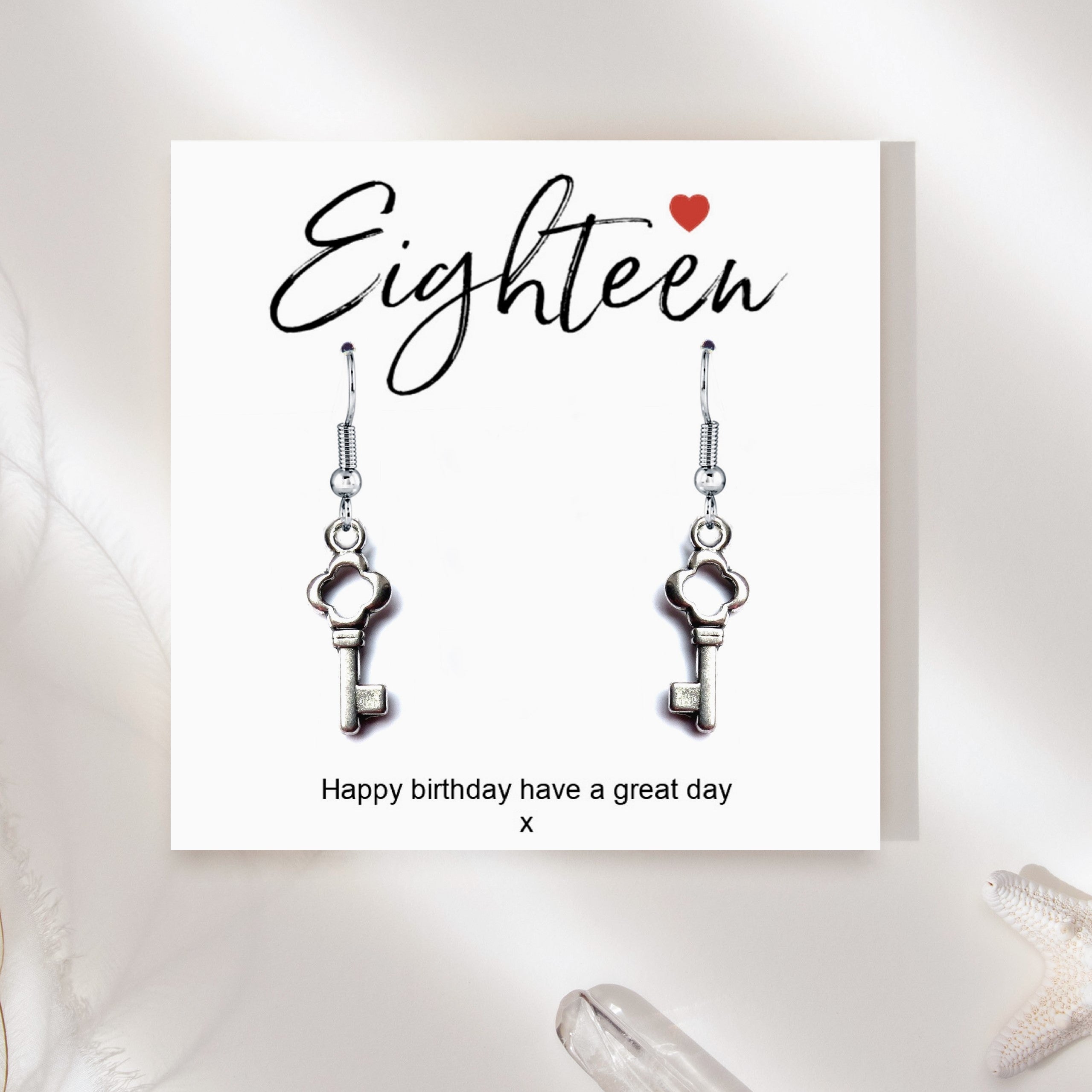 18th Birthday Silver Key Charm Earrings & Gift Card