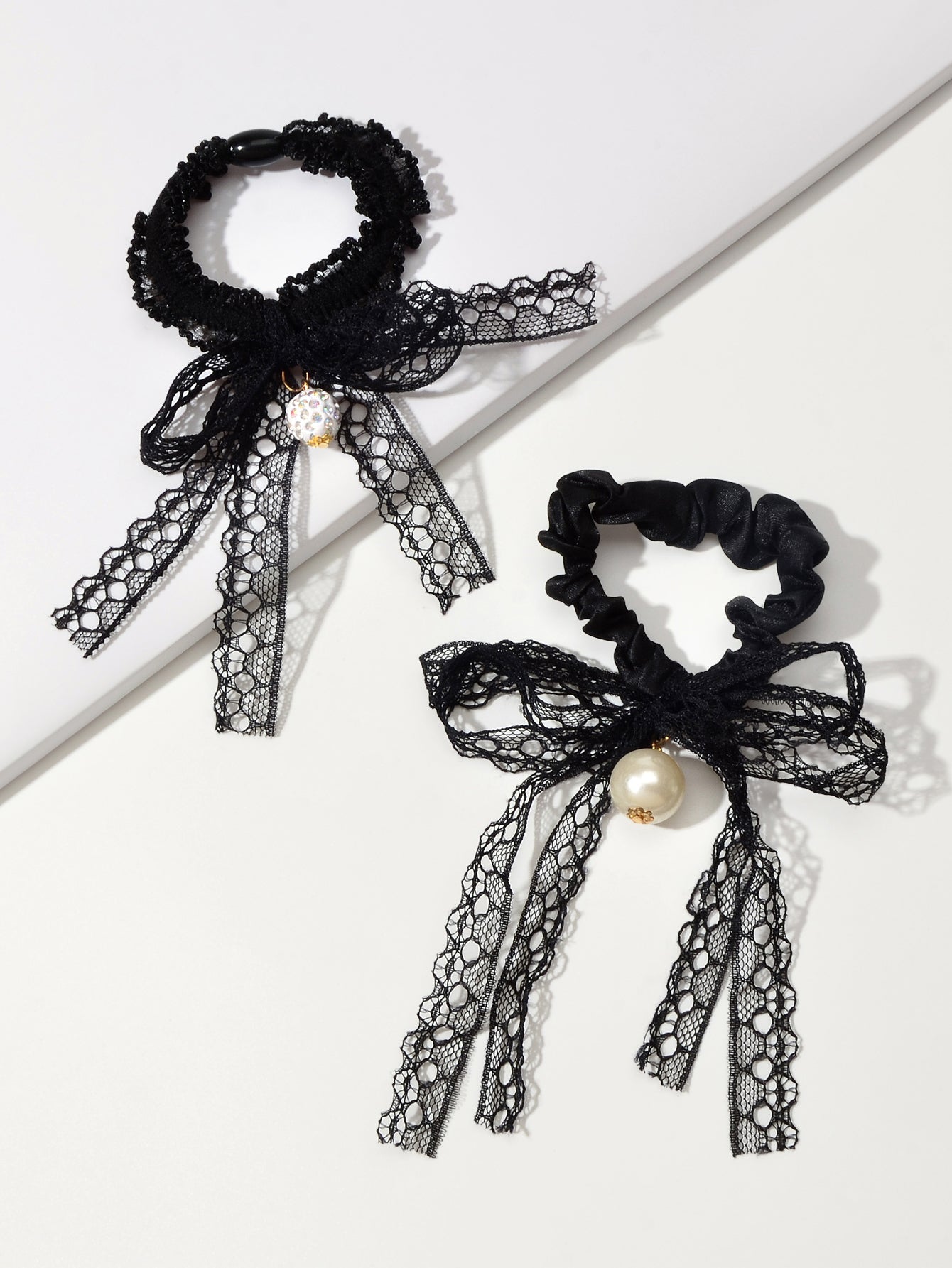 2pcs Black Lace Bead Elastic Bowknot Hair Ties Ropes Women Girl Hair Accessories