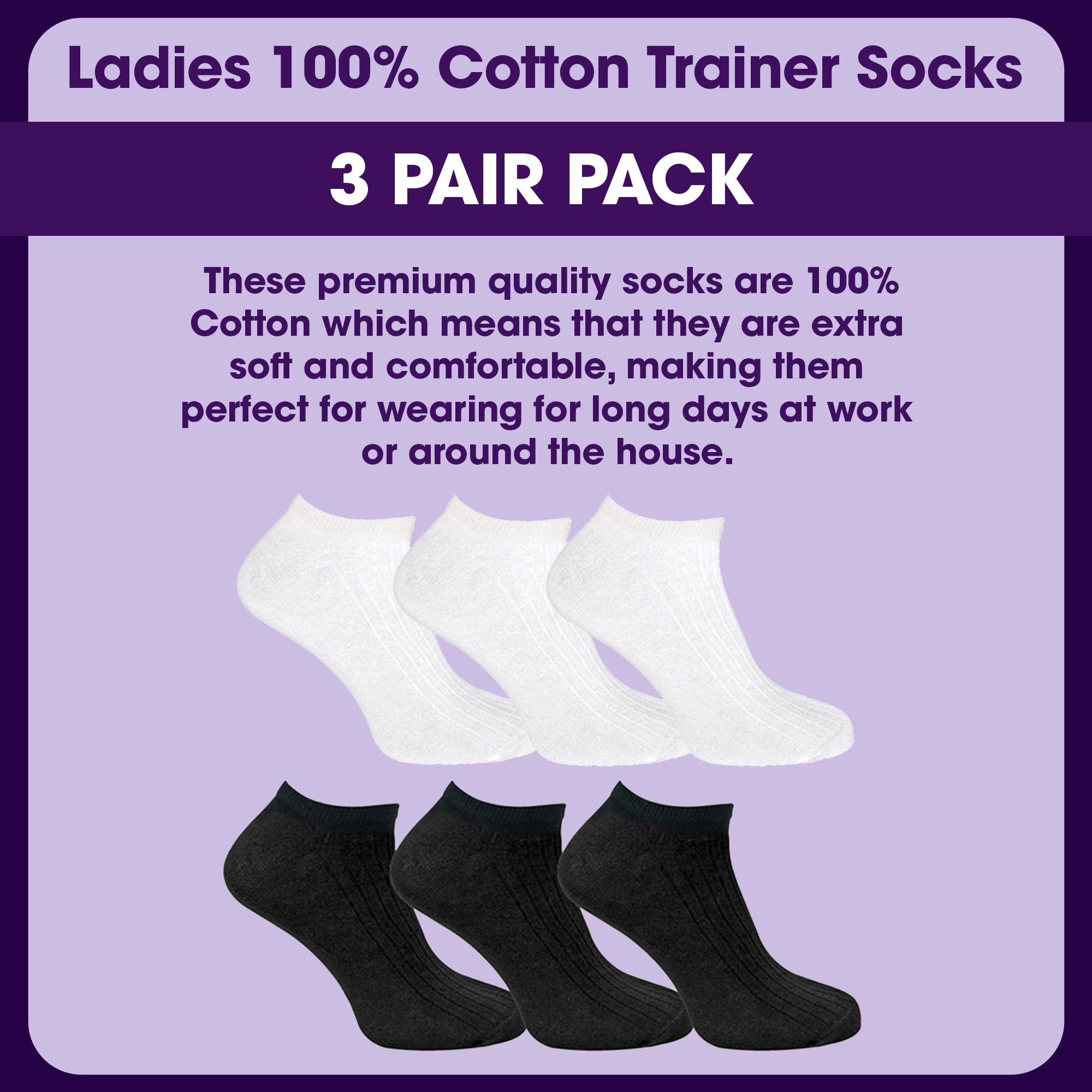 3 Pack Womens 100% Cotton Trainer Socks