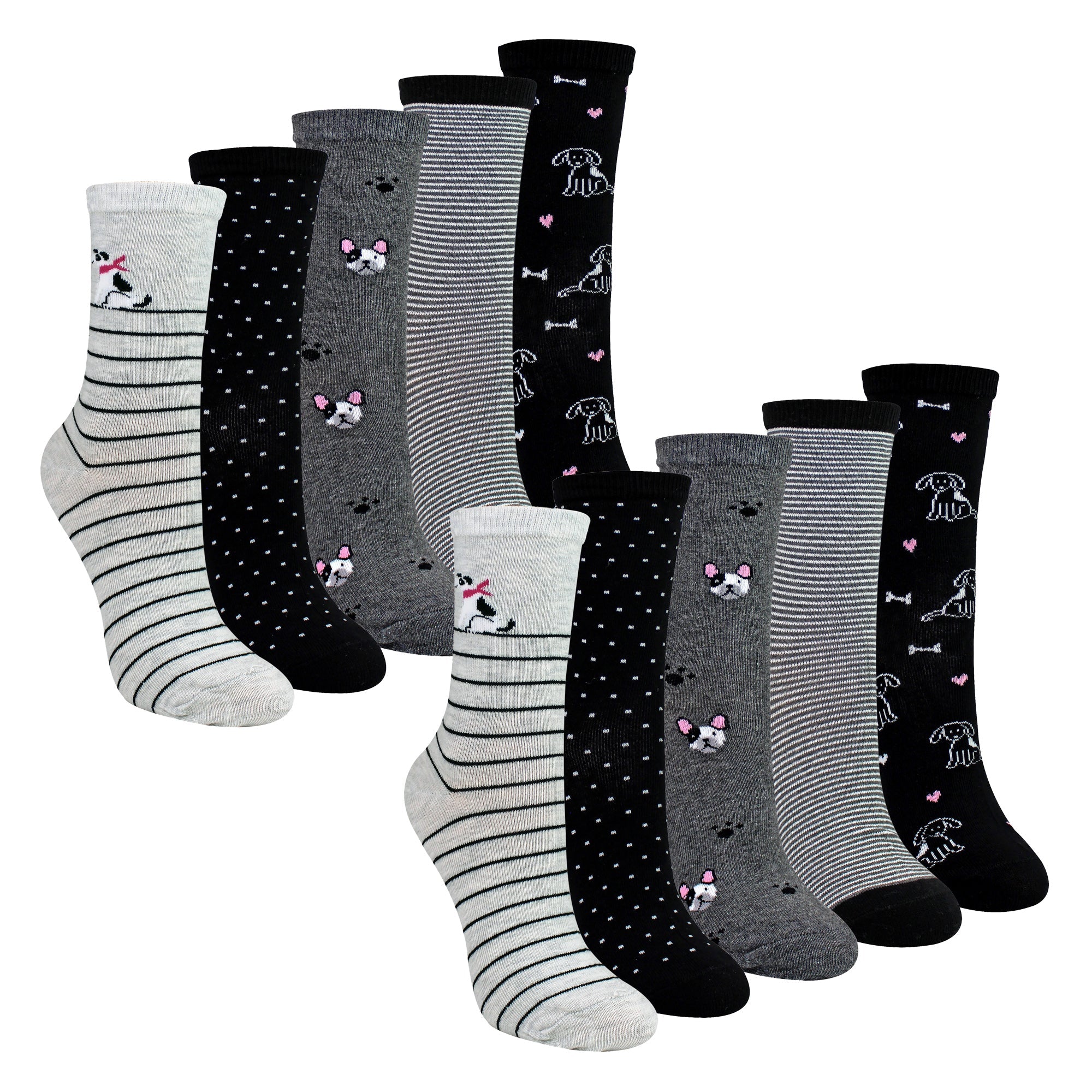10 Pairs Ladies Dog Patterned Socks - Soft Cotton Rich Fun Dog Design Socks