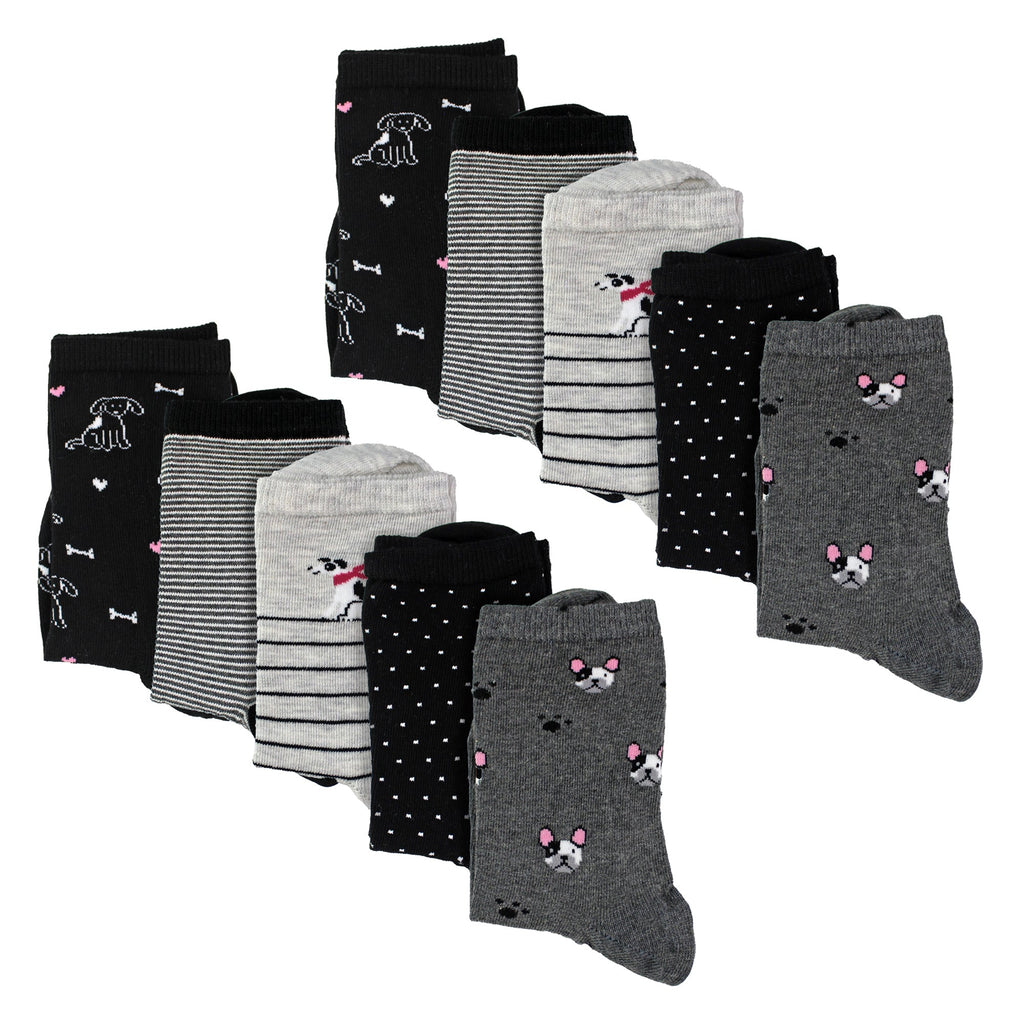10 Pairs Ladies Dog Patterned Socks - Soft Cotton Rich Fun Dog Design Socks