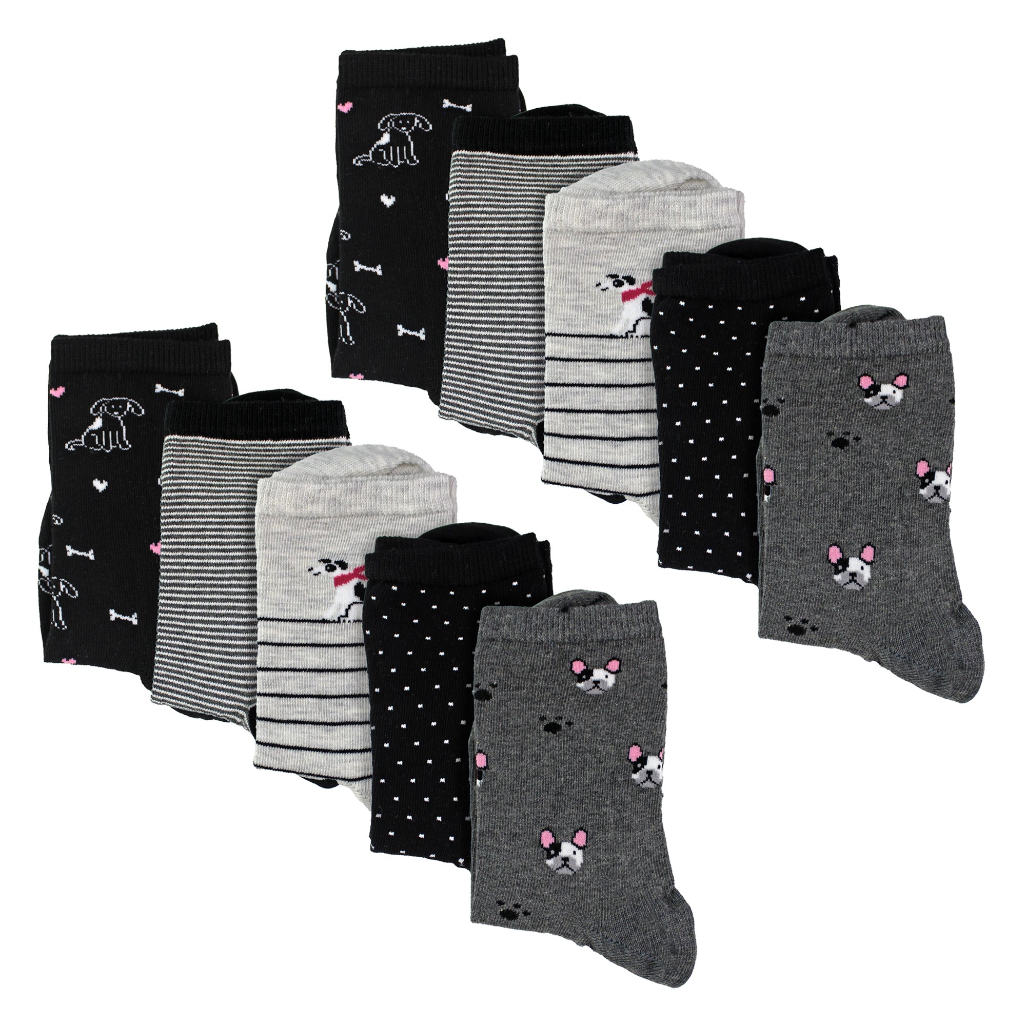 10 Pairs Ladies Dog Patterned Socks - Soft Cotton Rich Fun Dog Design Socks