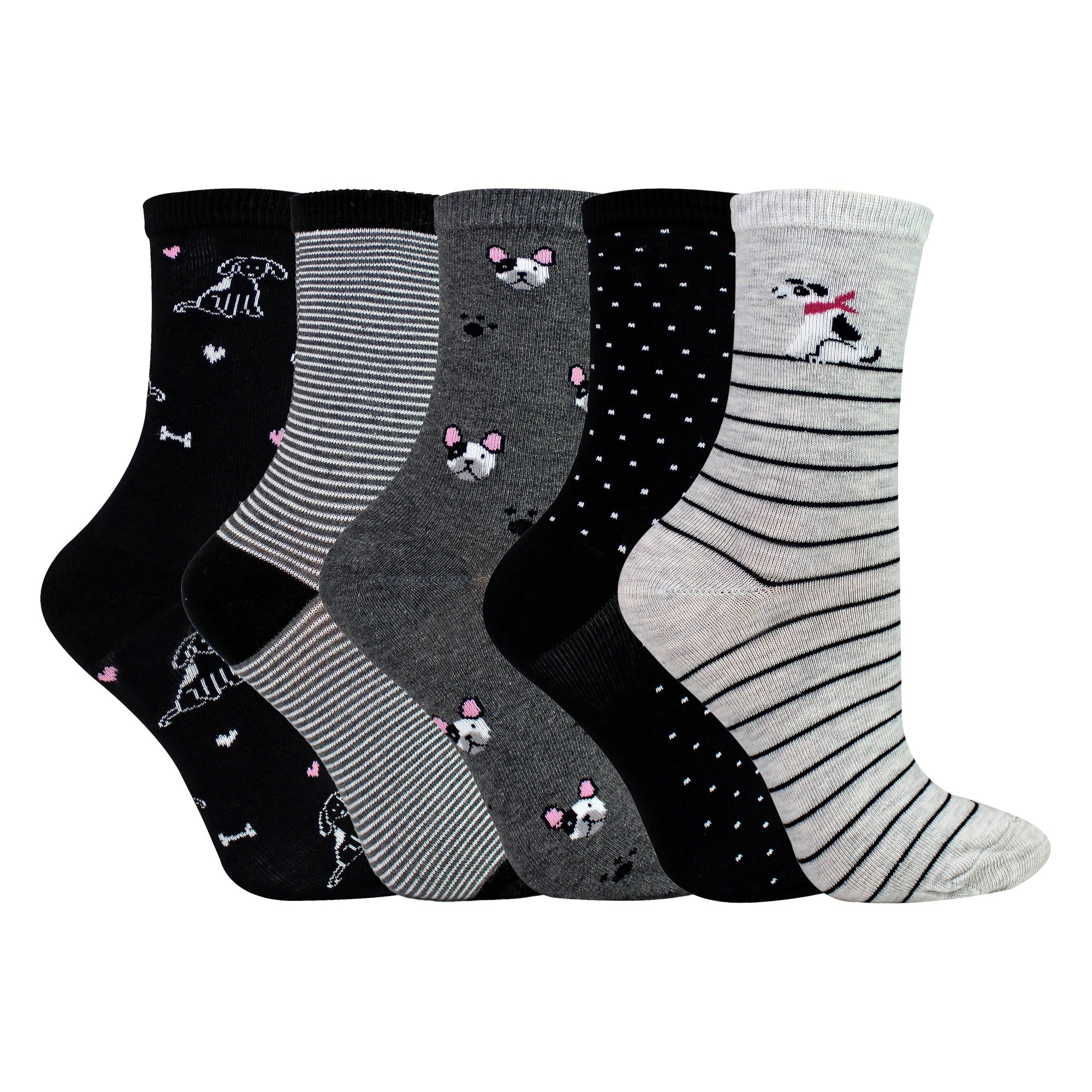 10 Pairs Ladies Dog Patterned Socks - Soft Cotton Rich Fun Dog Design Socks
