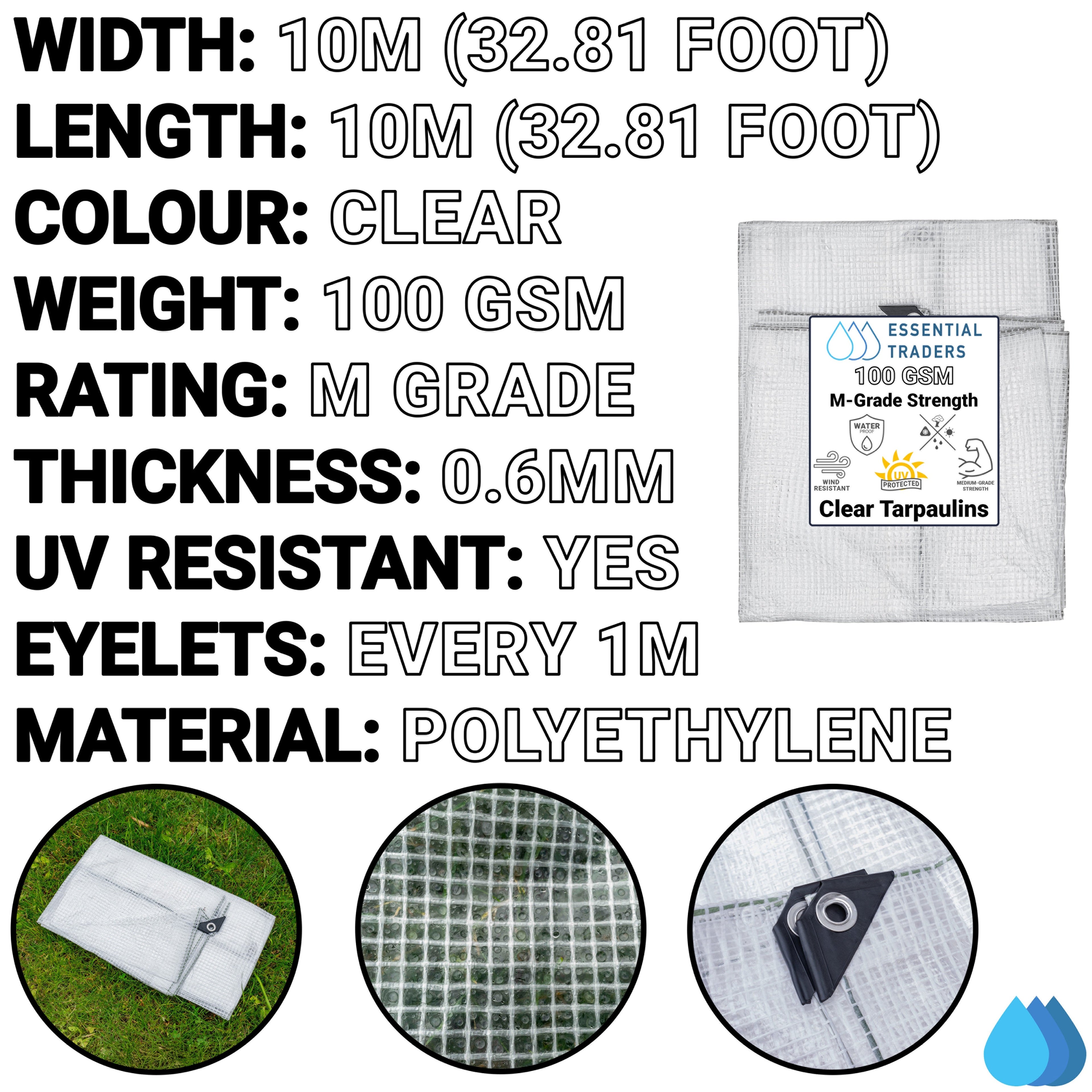10m x 10m Clear Tarpaulins, M-Grade 100 GSM