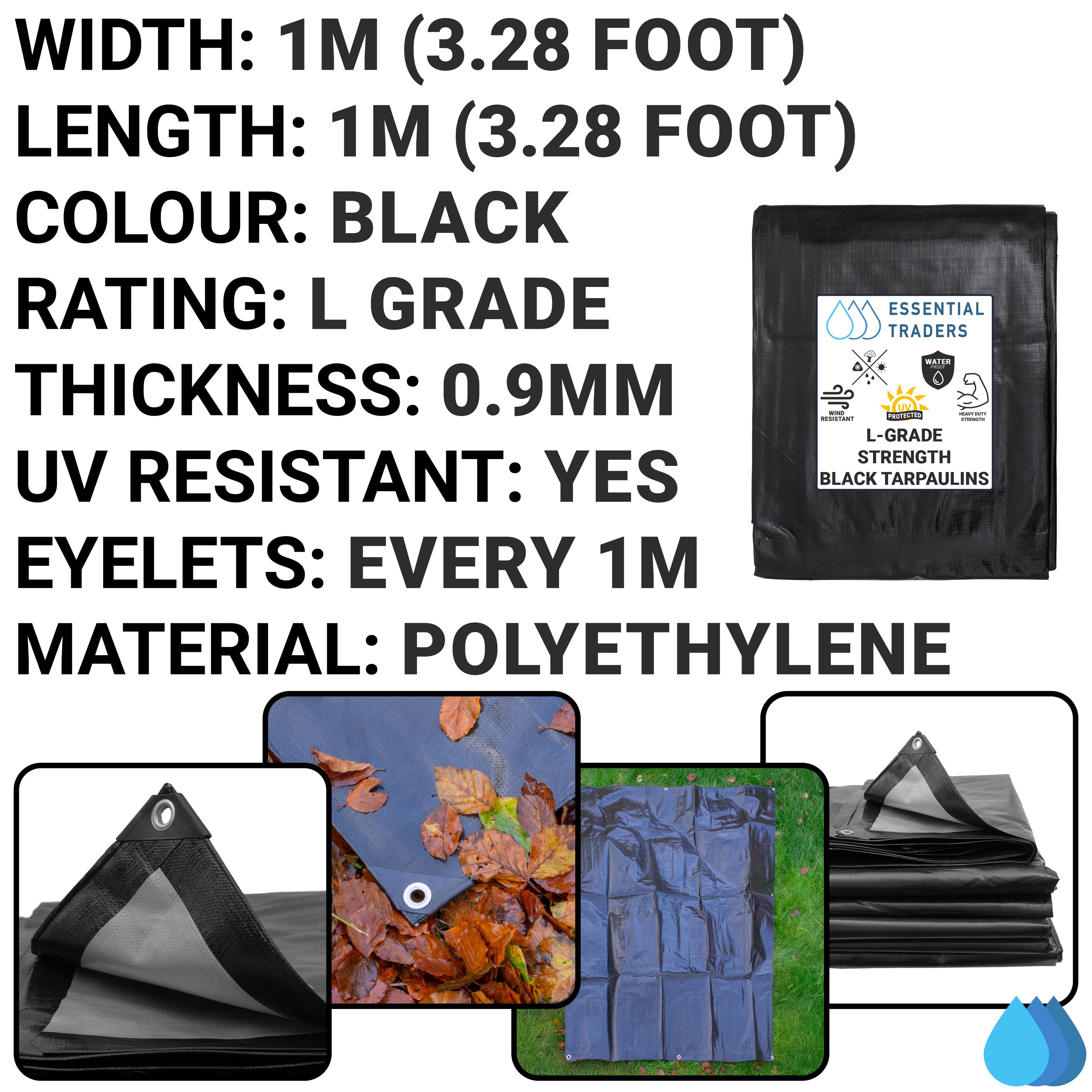 1m x 1m Black & Silver Tarpaulins, L-Grade 220 GSM